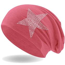 Hatstar Strass Stern Damen Beanie Mütze | elastisches Slouch Long Beanie | Mädchen Mütze | mit edler Strass Applikation | leicht und weich (Jeans hellrot meliert) von Hatstar