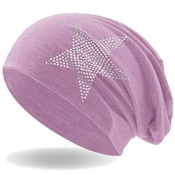 Hatstar Strass Stern Damen Beanie Mütze | elastisches Slouch Long Beanie | Mädchen Mütze | mit edler Strass Applikation | leicht und weich (alt rosa) von Hatstar