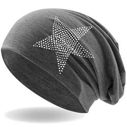 Hatstar Strass Stern Damen Beanie Mütze | elastisches Slouch Long Beanie | Mädchen Mütze | mit edler Strass Applikation | leicht und weich (dunkelgrau) von Hatstar