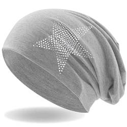 Hatstar Strass Stern Damen Beanie Mütze | elastisches Slouch Long Beanie | Mädchen Mütze | mit edler Strass Applikation | leicht und weich (hellgrau) von Hatstar