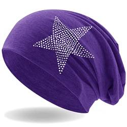 Hatstar Strass Stern Damen Beanie Mütze | elastisches Slouch Long Beanie | Mädchen Mütze | mit edler Strass Applikation | leicht und weich (lila) von Hatstar