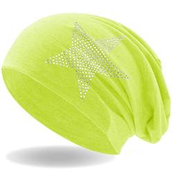 Hatstar Strass Stern Damen Beanie Mütze | elastisches Slouch Long Beanie | Mädchen Mütze | mit edler Strass Applikation | leicht und weich (neon gelb) von Hatstar