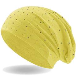 Strass Stein Beanie Slouch Long Beanie Mütze mit edler Strass-Nieten Applikation für Damen und Herren (gelb) von Hatstar