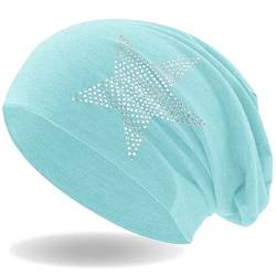 Strass Stern Damen Beanie Mütze | elastisches Slouch Long Beanie | Mädchen Mütze | mit edler Strass Applikation | leicht und weich (Mint) von Hatstar