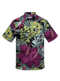 Havana Breeze Hawaii-Shirts für Herren, 100 % Seide, kurzärmelig, bedruckt, Strandhemd, entspannte Passform, tropische Sommerhemden, Saflor auf schwarzem Hintergrund, XX-Large von Havana Breeze