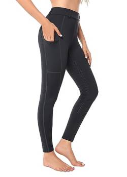 Reitleggings Damen Vollbesatz mit Handytasche, High Waist Reithose Damen Mädchen Stretch mit Gürtelschlaufen Grau L von Havideto