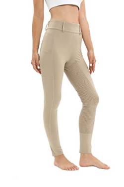 Reitleggings Damen Vollbesatz mit Handytasche, High Waist Reithose Damen Mädchen Stretch mit Gürtelschlaufen Khaki 3XL von Havideto