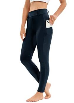 Reitleggings Damen Vollbesatz mit Handytasche, High Waist Reithose Damen Mädchen Stretch mit Gürtelschlaufen Marine Blau M von Havideto