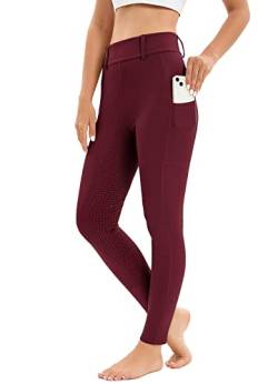 Reitleggings Damen Vollbesatz mit Handytasche, High Waist Reithose Damen Mädchen Stretch mit Gürtelschlaufen Rot L von Havideto