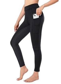 Reitleggings Damen Vollbesatz mit Handytasche, High Waist Reithose Damen Mädchen Stretch mit Gürtelschlaufen Schwarz+Grau L von Havideto