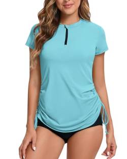 UV Shirt Damen Wasser 1/4 Reißverschluss Schwimmshirt Rashguard Damen Badeshirt Kurzarm Schwimm Tshirt Verstellbarer Saum UPF 50+ Blau 3XL von Havideto