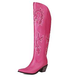 HavueGatue Damen Cowboy Boots Kniehohe Klobiger Absatz Vintage Stickereien Cowgirl Western Stiefel Pink Größe 43 von HavueGatue