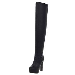 HavueGatue Damen Mode Höhe Ferse Über dem Knie Stiefel Reißverschluss Chunky Heel Langschaft Stiefel Plateau Black Große 37 Asiatisch von HavueGatue