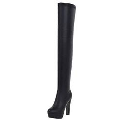 HavueGatue Damen Mode Höhe Ferse Über dem Knie Stiefel Reißverschluss Chunky Heel Langschaft Stiefel Plateau Black Große 45 Asiatisch von HavueGatue