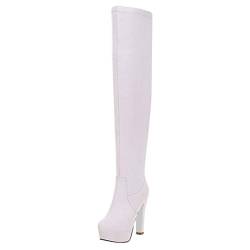 HavueGatue Damen Mode Höhe Ferse Über dem Knie Stiefel Reißverschluss Chunky Heel Langschaft Stiefel Plateau White Große 37 Asiatisch von HavueGatue