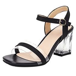 HavueGatue Damen Transparent Blockabsatz Sandalen Knöchelriemchen Durchsichtige Schuhe Black Große 48 Asiatisch von HavueGatue