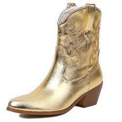 HavueGatue Frauen Metilla Cowboy Booties gestickt Cowgirl Knöchelstiefel Chunky Heel Short Western Stiefel Gold Size 38 von HavueGatue