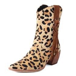 HavueGatue Frauen Mittelhoher Absatz Tassel Cowboy Stiefel Anziehen Westlicher Stiefeletten Spitze Zehen Massiver Absatz Knöchelhohe Stiefel Leopardenmuster Größenangabe 35 von HavueGatue