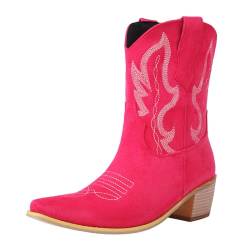 HavueGatue Frauen Stickerei Cowboy Knöchelhohe Stiefel Massiver Absatz Spitze Zehen Westlicher Stiefeletten Anziehen Cowgirl Stiefel Übergröße Rosa Größenangabe 46 von HavueGatue