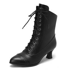 HavueGatue Mittleres Wadenstück Schnürung Victorianische Stiefel for Frauen Kittenabsatz Vintage Steampunk-Stiefeletten Reißverschluss Übergröße Schwarz Größenangabe 39 von HavueGatue