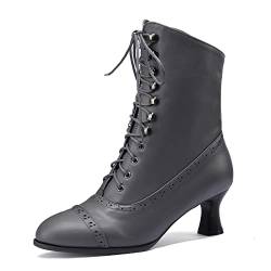 HavueGatue Viktorianische Stiefel Damen Stiefeletten Zum Schnüren Mit Absatz Spitz Stiefeletten Reißverschluss Grau Größenangabe 38 von HavueGatue