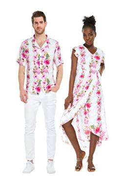 Passendes Hawaii-Luau-Hemd oder Wickelkleid mit Rüschen in rosa schwarzer Hibiskusrebe, Hibiskusranke, für Damen, Rosa / Weiß, Groß von Hawaii Hangover