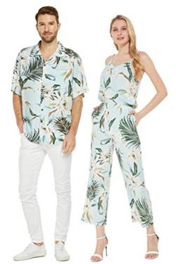 Passendes Paar Hawaii-Luau-Hemd oder V-Ausschnitt Jumpsuit mit Taschen in Wispy Cereus hellblau, Damen Wispy Cereus Hellblau, Klein von Hawaii Hangover