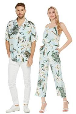 Passendes Paar Hawaii Luau Hemd oder V-Ausschnitt Jumpsuit mit Taschen in Wispy Cereus hellblau, Herren Wispy Cereus Hellblau, Mittel von Hawaii Hangover