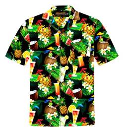 Hawaiihemdshop Hawaii-Hemd | Herren | Baumwolle | Größe S - 8XL | Brusttasche | Schwarz | Kurzarm | Cocktails | Palmen-Blätter | Aloha | Hawaii-Shirt | Kokosnuss-Knöpfe von Hawaiihemdshop