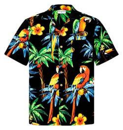 Hawaiihemdshop Hawaiihemd | Herren | Baumwolle | Größe S - 8XL | Brusttasche | schwarz | Kurzarm | Papageien | Palmen | Blüten | Hawaii-Shirt | Kokosnuss-Knöpfe von Hawaiihemdshop