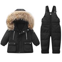 Hayisugal Kinder Schneeanzug Daunenjacke + Hose 2PC Set Mädchen Jungen Baby Jacke Skianzug Winter Overall Kapuzen Langarm Warme Kleidung Geschenk 1-4 Jahre, Schwarz, 90/Baby Höhe 80-90cm von Hayisugal