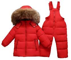 Hayisugar Baby Daunenjacke Schneeanzug mit Kaputze Bekleidungsset Kleinkind Verdickte Winterjacke + Winterhose Daunenhose Kinderskianzug für Mädchen und Jungen, Rot, 100/Baby Höhe 95-105cm von Hayisugal