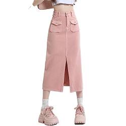 Damen Jeansröcke Mit Hoher Taille Rosa Blau Geteilt A Linie Jean Langer Rock Elegante Streetwear Unterteile Pink M von Hcclijo