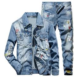 Hcclijo Herren Jeans Sets Jacke + Jeans Blau Zweiteilige Sets Trainingsanzug Herren Druck Denim Hose Denim Anzug Jacke M Jeans 29 von Hcclijo