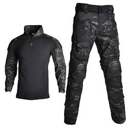 Hcclijo Taktische Tarnung Militäruniform Kleidung Anzug Windjacke Armee Airsoft Combat Shirt + Cargohose Black Camouflage 8XL von Hcclijo