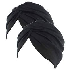 Ganves Damen Schlaf Soft Turban vorgebundene Baumwolle Indien Chemo Cap Beanie Turban Kopfbedeckung, 2 Stück Schwarz, Einheitsgröße von Hcimooy