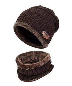 Hcimooy Kinder Winter Mütze Hut Schal Set Warme Dicke Knit Ski Schädel Cap mit Fleece Futter für Kinder Jungen Mädchen (Kaffee) von Hcimooy