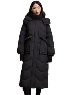 Damen Große Taschen Kapuze Daunenmäntel Winter Dicker Warme Jacke Lange Flauschige Parkas, Schwarz , 38 von Hdhdeueh