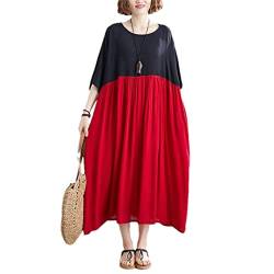 Hdhdeueh Damen Plus Size Baumwolle Langes Kleid Damen Schwarz und Rot Naht Nachthemd, Schwarzes Kleid, 46 von Hdhdeueh
