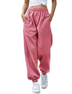 HeSaYep Damen Sweatpants mit hoher Taille, Workout Active Joggers Pants Baggy Lounge Hose - Pink - Groß von HeSaYep