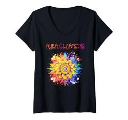 Damen Aura Cleansing Flower Positivity T-Shirt mit V-Ausschnitt von Healing Vibes