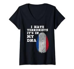 Damen Flagge "I Hate Terrorists It's I'm My DNA French France Grobe Flagge" T-Shirt mit V-Ausschnitt von Healing Vibes