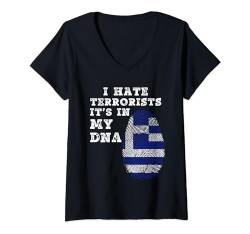 Damen Griechische Flagge mit Aufschrift "I Hate Terrorists It's I'm My DNA Greece" T-Shirt mit V-Ausschnitt von Healing Vibes