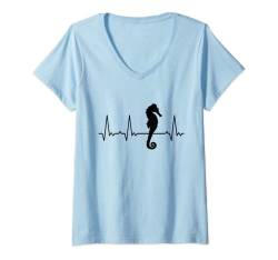 Damen Herzschlag Seepferdchen T-Shirt mit V-Ausschnitt von Heartbeat Grafik Geschenke Damen Herren Kinder