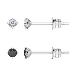 2 Paar Sterling-Silber 925 Zirkonia Ohrstecker Ohrringe - Größe: 2 mm, KLITZEKLEIN, GANZ KLEIN, sehr klein und diskret, schwarz und transparent, in Geschenkbox. 5549BKZ/SET von Heather Needham Silver