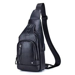 Hebetag Leder Sling Bag Wandern Daypack für Männer Frauen Outdoor Reisen Camping Angeln Crossbody Schulter Brust Rucksack Rucksack (#02Schwarz) von Hebetag