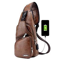 Leder Sling Crossbody Tasche Reiserucksack für Männer Frauen Kleine Schulterpack Crossbody Brusttaschen mit USB-Ladeanschluss Kopfhörerstecker Outdoor Wandern Camping Tagesrucksäcke von Hebetag