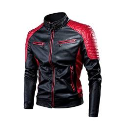 Motorrad Schutzjacke Motocross Für Damen Und Herren, Lederjacke Herren Vintage Thermo Lederjacke Mit Stehkragen Viele Taschen Motorradjacke (Color : Red, Size : XXL) von Hebezn