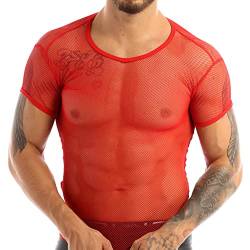 Hedmy Herren Muskel Transparent Shirts Ärmellos Netz Unterhemd Tanktop Netzhemd Stretch Oberteil Dessous Unterwäsche Clubwear Rot L von Hedmy