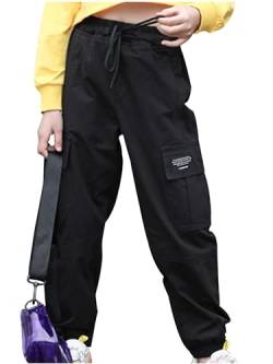 Hedmy Mädchen Cargohose Sporthose Jogginghose Trainingshose Mit Gummizug und Taschen Hip Hop Tanz Streetwear Freizeithose Lang Pants Schwarz 158-164 von Hedmy